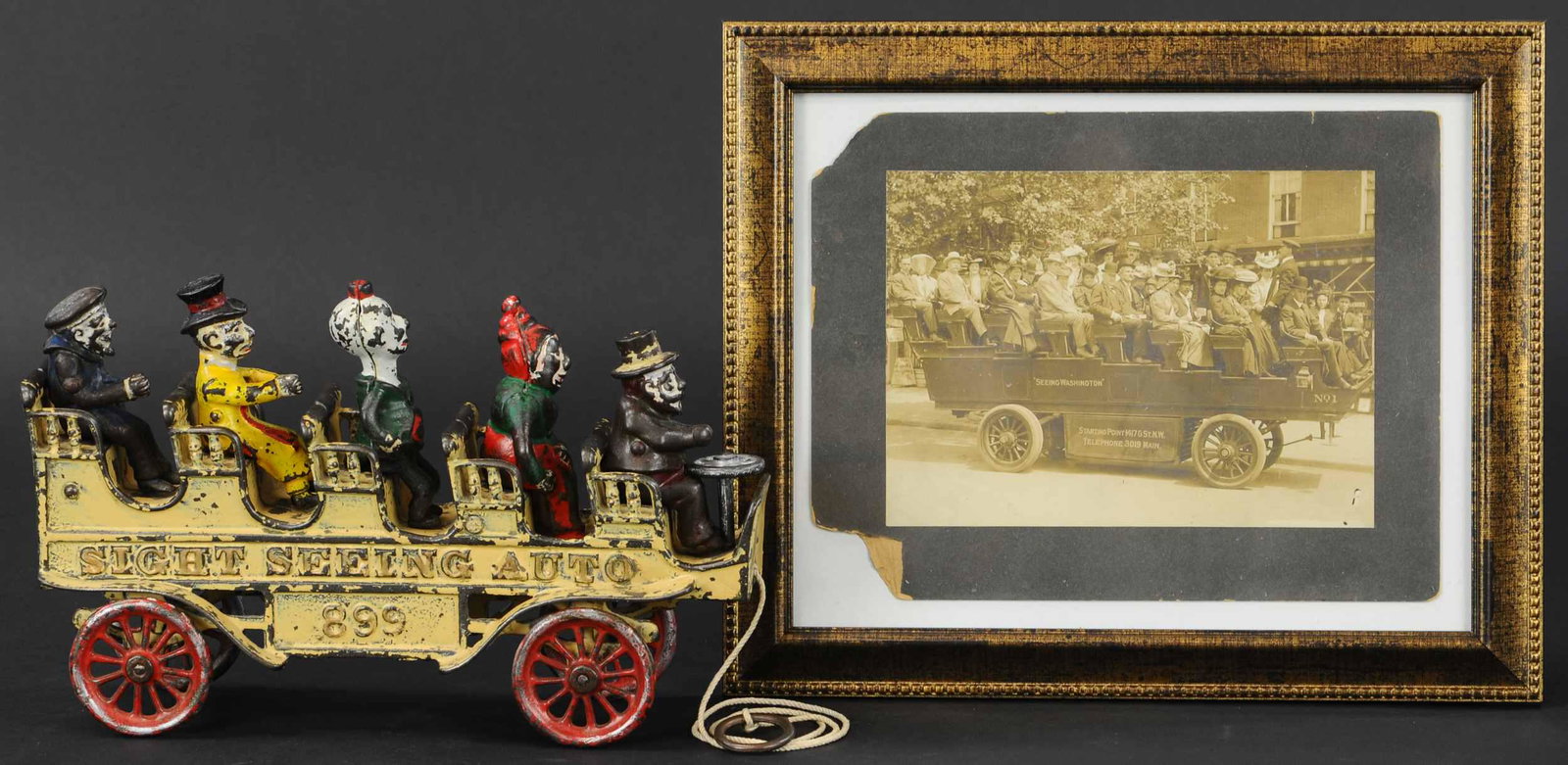 KENTON SIGHT SEEING AUTO: 31. KENTON SIGHT SEEING AUTO | Kenton, Ohio, circa 1910, a relatively scarce and desirable whimsical toy modeled after real city tour buses from the turn of the century, black and white photograph dem
