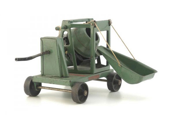 NO. 32 BUDDY "L" CONCRETE MIXER: c. 1920's, pressed steel, painted in green overall, features rotating drum mixer with fold down chute, hand controlled lever, frame on wheels. 8" l.