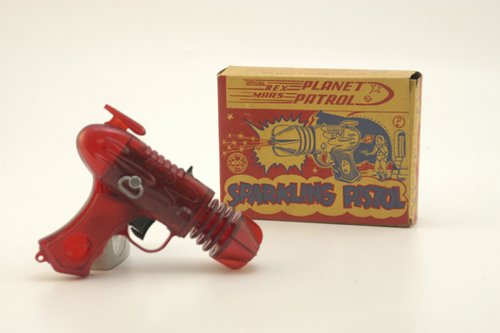 REX MARS PLANET PATROL WITH BOX: Louis Marx, old store stock, hard plastic space pistol has windup action, done in red with black trigger, great graphic images to box. 6 1/2" l.