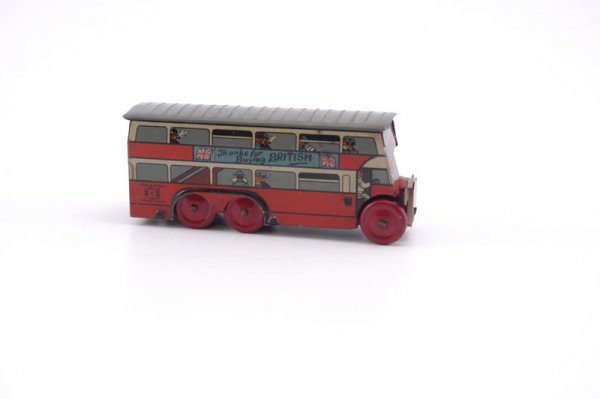DOUBLE DECKER BUS PENNY TOY: Wells-O-London, England, clockwork mechanism (missing key), side panels read "Thanks for Buying British," Wells-O-London logo on rear fender area, grey and red color scheme. 4" l.