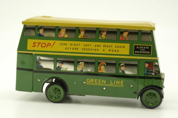 CHAD VALLEY "GREEN LINE" BUS: England, c. 1940's, lithographed tin, extensive graphic images of passengers at lower and upper deck windows, roof lifts open for storage or possible biscuit retrieval, well detailed with keywind mech