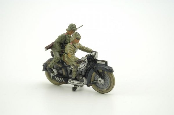 LINEOL MOTORCYCLE WITH SOLDIER: Germany, c. 1930's, hand painted composition figures, features rider and driver, tinplate fenders, done in gun blue and silver. 3 3/4" l.