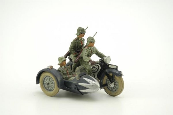 LINEOL MILITARY MOTORCYCLE WITH SIDE CAR: Germany, c. 1930's, made of tinplate with composition figures, both Lineol and Elastolin made several hand painted figures, incredible details, driver features seated rider and rider in side car, two 