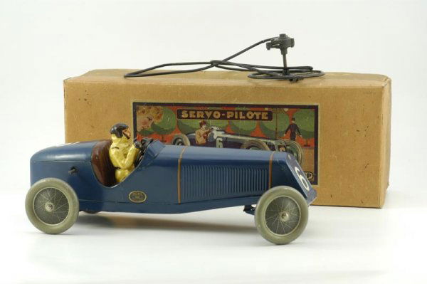 BOXED JEP DELAGE RACER: France, billed as Delage de Robert Benoist, Champion of the World, a heavy tinplate racer with hand painted composition driver, done in blue, "Delage" brass plate on side, features remote control acti