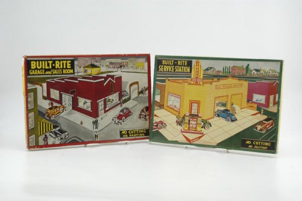 LOT OF TWO BUILT-RITE PLAY SETS: Includes Built-Rite Set No. 15 Garage and Sales Room, consisting of lithographed paper on cardboard building that assembles into box base along with Set No. 17 Super Service Station, both lids display