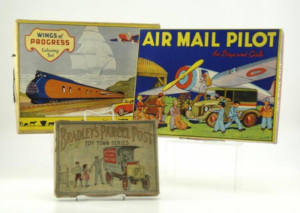 GROUP OF TRANSPORTATION GAMES: Colorful lot includes Milton Bradley's Parcel Post Toy-Town series, Wings of Progress Coloring Set, c. 1934 by the American Crayon Co., lid graphics depict transportation methods throughout the years,