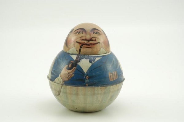 MAYO'S PLUG STOREKEEPER ROLY POLY TIN: Colorful tin lithography, depicts keeper with pipe in mouth and pocket full of cigars. 7" h.
