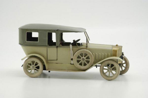 MARKLIN SALOON: Germany, c. 1920s, a rare version, hand painted in green colored body, nice contrasting light grey roof, v-slant radiator, a classic model similar to early touring cars by Marklin, red painted interio