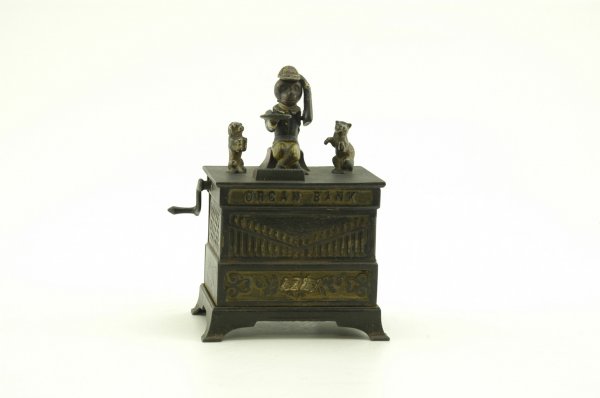 ORGAN CAT/DOG MECHANICAL BANK: Blue Jacket, Kyser & Rex Co., designed by Louis Kyser & Alfred C. Rex, patented 6/13/1882. Fitted with chime of bells and dancing figures, which revolve when the handle is turned. The monkey receives
