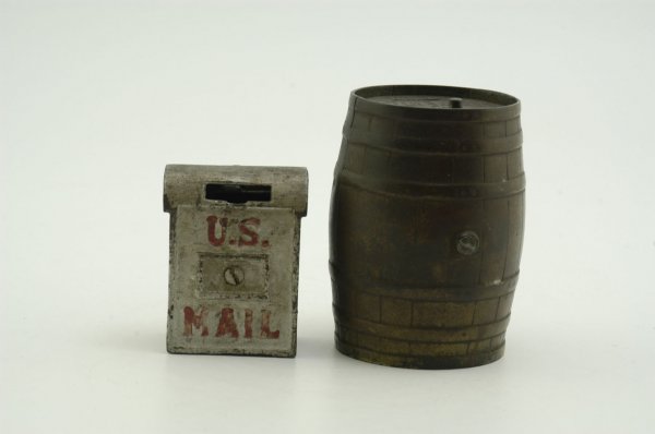MAILBOX AND BARREL STILL BANKS: Both cast iron, includes a Kenton U.S. Mail box painted in silver and red, and No. 13 Puzzle Savings Bank, lid reads, "Barrel of Money." 3 3/4" - 5 1/4" h.