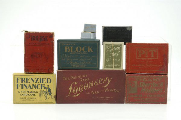 LARGE GROUPING OF GAMES: Includes several early Parker Bros. games such as Sherlock Holmes, Frenzied Finance, Block and more along with several other card games; most have instructions and appear complete. 4 1/2" x 8 3/4".