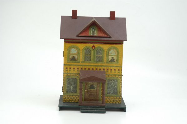 BLISS STYLE CONTEMPORARY HOUSE: Handsomely crafted two story house w/hinged facade, featuring "C" porch and door and marked "A.L.M.M.," brown roof w/dormer, interior of house wallpapered, some furniture included. 13" h. x 9" w.