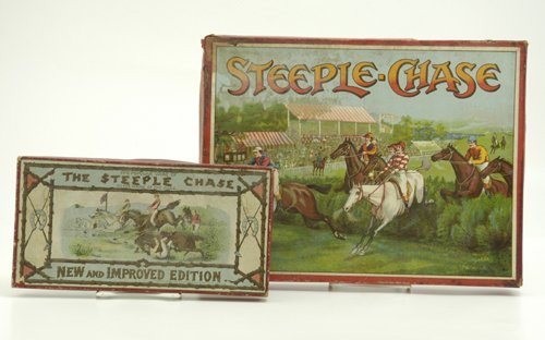 TWO STEEPLE CHASE GAMES: Both by Spear Works, Bavaria; smaller game contains six die-cut metal jumpers w/box bottom being playing board; larger set has six die-cut hand painted metal jumpers, two dice and boldly printed tri-f