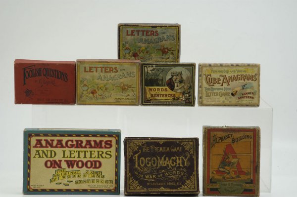 LOT OF EIGHT ACTIVITY GAMES: Colorful grouping of various games including Parker Bros. Letters and Anagrams, Cube Anagrams, Milton Bradley's Words and Sentences and others, all w/instructions. Largest, 5 1/2" x 8 1/4".