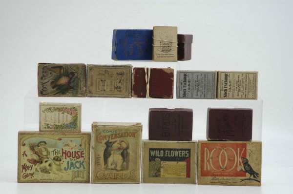 LARGE LOT OF CHILDREN'S CARD GAMES: A variety of makers from McLoughlin Bros. to the U.S. Playing Card Co., group includes Game of Flowers, House that Jack Built, Comic Conversation, Birds and many more; several missing one or two cards