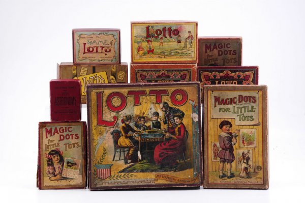 LARGE LOT OF LOTTO AND MAGIC DOTS GAMES: Grouping includes six various versions of Lotto, three Magic Dots games and two sets of miscellaneous cards from producers like McLoughlin, Parker Bros. and Milton Bradley; unsure of completeness. Lar