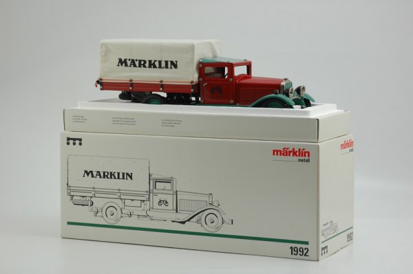 MARKLIN TRUCK: Boxed example from 1993 re-issue series, well detailed pressed steel truck with cloth canopy cover over bed. 16" l.