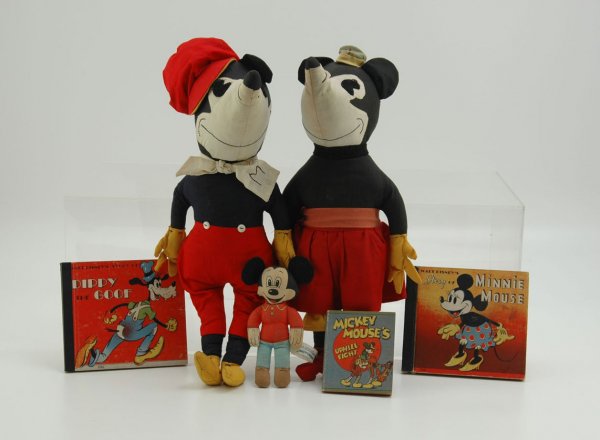 MICKEY MOUSE DOLLS & BOOKS LOT: Grouping includes three stuffed Mickey dolls, later dolls with some re-stitching to small Knickerbockers, together with Disney book. Dolls 6 1/2" to 15 1/2" l