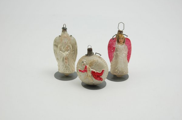 LOT OF THREE ANGEL ORNAMENTS: All blown glass, includes angel on disk with dimpled reverse side, scrap face angel with red painted wings and gold winged angel. 2 1/2" to 3 1/2" h.