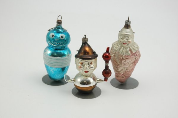 LOT OF THREE GLASS ORNAMENTS: Colorful blown glass lot includes "My Darling" clown in pink suit, blue bowling pin man and Hans head chandelier. 3" to 4" h.