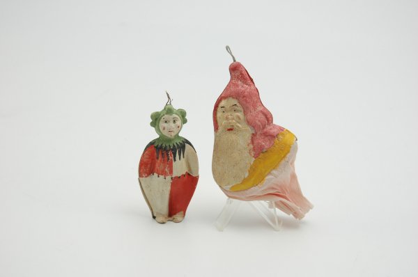 DRESDEN CLOWN & SANTA CANDY CONTAINER: Colorful lot includes full bodied clown in jester attire ornament and Santa bust done with mica covered beard and pink crepe paper base for holding candy. Clown 3", Santa 4 1/2" h.
