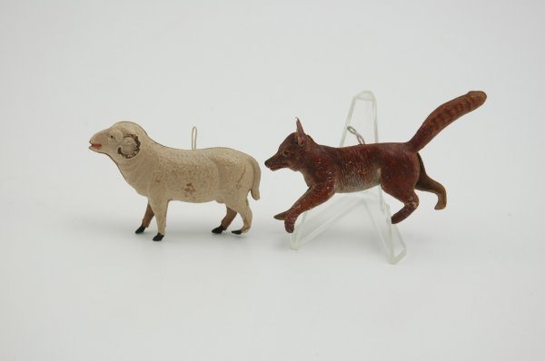DRESDEN FOX & RAM ORNAMENTS: Includes fox in running position painted in reddish brown color and full bodied ram with gold painted horns. 2 1/2" - 3" l.