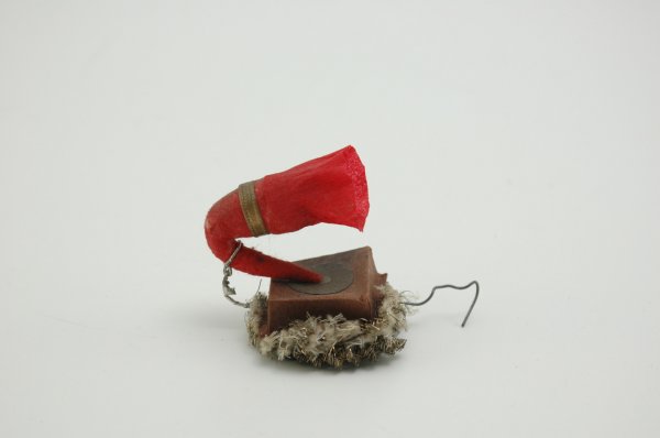 EARLY DRESDEN PHONOGRAPH: Germany, clever piece depicts spun cotton and crepe paper horn resting on Dresden box base. 2 1/2" h.