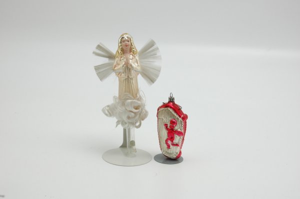 ANGEL TREE TOPPER AND HARP ORNAMENTS: Germany, includes golden hair angel tree topper with spun glass wings and cloud along with brightly painted cherub on harp hanging ornament. 3 1/2" to 7" h.