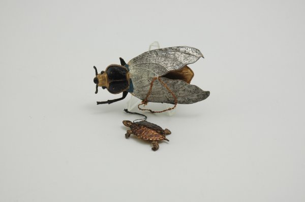 BEETLE AND TURTLE DRESDENS: Both examples show good coloring and realistic detail. Turtle is done in gold, beetle has large silver painted wings. 1 3/4" - 4" l.