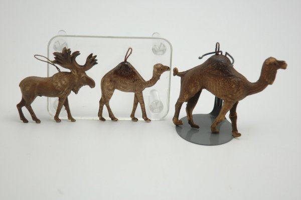 TWO CAMELS AND MOOSE DRESDENS: Three full bodied examples include a large camel, small camel and small moose, all in walking poses. 1 7/8" to 2 1/2" h.