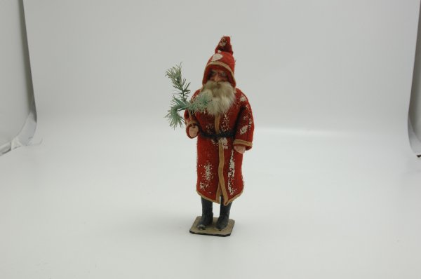 FATHER CHRISTMAS CANDY CONTAINER: Germany, hand painted composition head and hands, has rabbit fur beard and long felt gold trimmed robe with flecked snow decor, holds tree sprig in hand. 12 1/2" h.