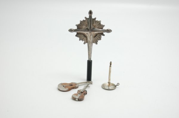 LOT OF GORHAM AND CARTIER STERLING ORNAMENTS: Three are marked "STERLING CARTIER", including a candlestick along with guitar and violin, both of which are wooden bodied with silver strings and trim; fourth piece is a cross/medal tree topper marke