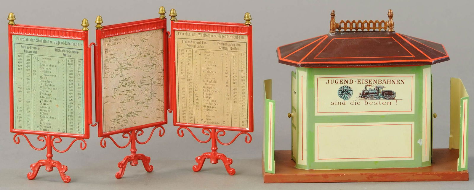 MARKLIN TOILET AND TRIPLE DESTINATION BOARD: 1011. MARKLIN TOILET AND TRIPLE DESTINATION BOARD | 6" h. | Destination board is reproduction, toilet is original building restored with replacement pieces. | $500 - $1,000