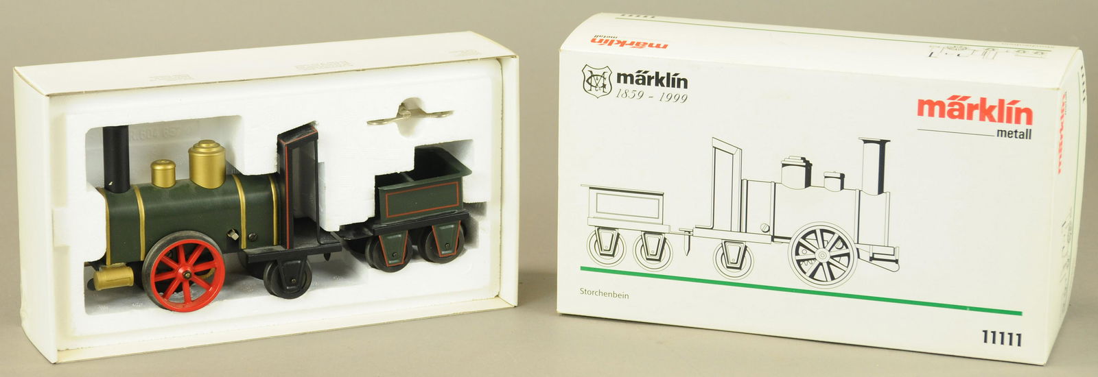BOXED MARKLIN COMMEMORATIVE STORK LEG LOCOMOTIVE: 450. BOXED MARKLIN COMMEMORATIVE STORK LEG LOCOMOTIVE | Loco & tender 10" l. | Contemporary Example. | $150 - $300