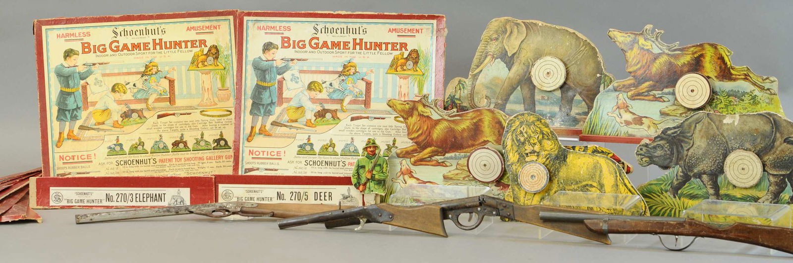 SCHOENHUT BOXED TARGET GAME W/ 4 RIFLES (1 of 2)