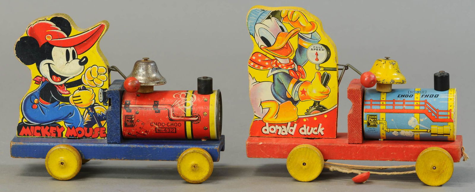 FISHER PRICE DONALD & MICKEY CHOO CHOO TOYS: 562. FISHER PRICE DONALD & MICKEY CHOO CHOO TOYS | 8.5" l. | All Original Condition. | $200 - $400