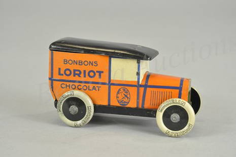 DeANDREIS "BONBON" PEUGEOT DELIVERY TRUCK: France, c. 1938 lithographed tin, advertises Loriot Chocolat, roof lifts for retrieval, rear panel contains telephone number. 6 1/2" l.