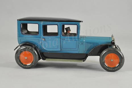 BING LIMOUSINE: Germany, lithographed tin, large scale, done in blue body, black roof and running boards, orange center disc wheels, has seated driver, nickel finish grille, clockwork driven, opening rear doors. 