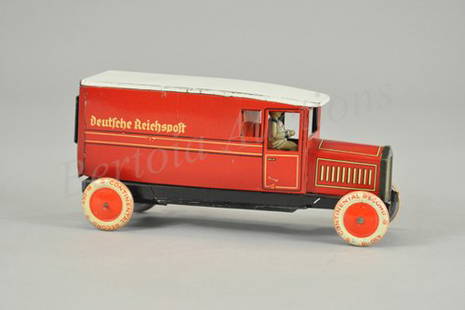 DISTLER REICHSPOST DELIVERY TRUCK: Germany, c. 1930's, bright red tin lithography, seated driver, white roof, black running boards, opening rear door, clockwork driven. 9 3/4" l.