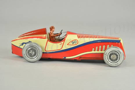 CHARLES ROSSIGNOL RACER: France, c. 1930's, stunning lithography, bright body done in red, yellow and blue, seated driver, Greyhound logo on tail fin rear, clockwork driven. 14" l.