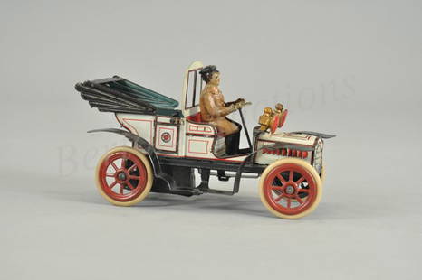 GUNTHERMANN TOWN CONVERTIBLE: Germany, c. 1915, lithographed tin, an elegant example done in white body, top down positioning, seated driver, full running boards, red interior, clockwork driven, rubber tires with spoke wheels,