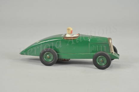 CITROEN ROSALIE: France, c. 1934, painted in green overall, pressed steel racer, features seated driver, boat tail fin rear, large rubber tires, nickel grille, partial decal on body, clockwork driven, swivel head