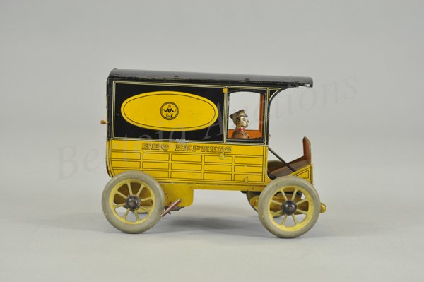 HANS EBERL "EXPRESS" DELIVERY VAN: Germany, c. 1920's, lithographed tin, panel van has opening doors, made for American market, van side reads "EBO EXPRESS," clockwork driven, seated driver. 7 1/2" l.