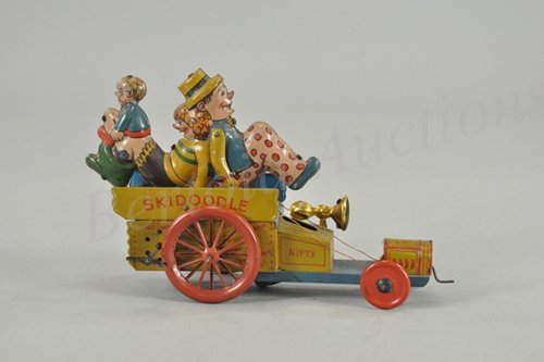 SKIDOODLE: Nifty, Germany, lithographed tin, an exceptionally rare and well detailed toy, depicts seated figures attempting to keep from falling off open car seating, keywind action creates rocking motions while