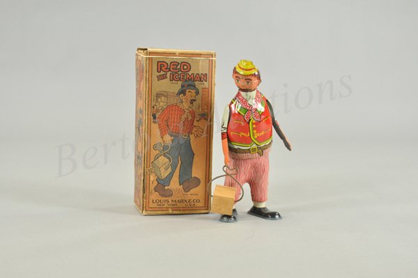 MARX RED THE ICEMAN IN ORIGINAL BOX: Lithographed tin wind-up toy, working. Original ice tongs and wood block representing ice. As usual, great 1920's box art. Possibly the rarest toy in the series. 8 1/2" t.