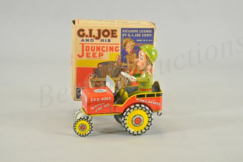 UNIQUE ART G.I. JOE & HIS JOUNCING JEEP IN ORIGIN: Lithographed tin wind-up toy, working. circa 1950's, licensed by GI Joe Corp. The sergeant's jeep is covered with amusing slogans. 7 1/2" l.