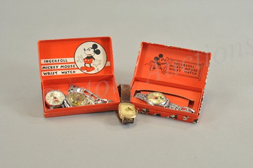 GROUPING OF MICKEY MOUSE WATCHES AND PARTS: Lot consists of watches in need of repair, Mickey clasp band appears intact, comes with two early Ingersoll boxes.