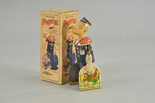 MARX POPEYE CARRYING PARROT CAGES IN ORIGINAL BOX: Lithographed tin wind-up toy, working. The Marx signature Popeye toy. They may have made a million of them. Never out of favor with collectors because of the fine lithography and excellent box art. Al
