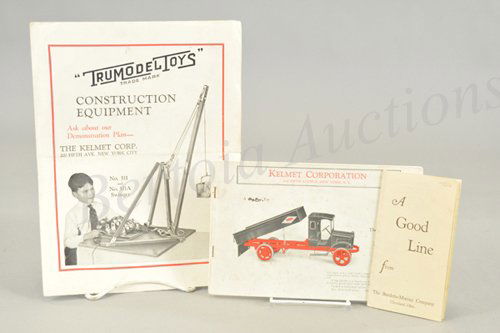 KELMET CORP. CATALOG AND BROCHURE: Includes early, but undated, fifteen page catalog, large fold out red and black printed brochure, advertising Kelmet vehicles and toys, along with a small Burdette-Murray fold out pamphlet.