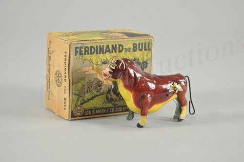 MARX FERDINAND THE BULL IN ORIGINAL BOX: Litho tin wind up toy, working. Copyright dated 1938 Walt Disney Enterprises. Based on title character from the animated film released in 1938. Has bee on hind quarters and cloth flower in mouth but i